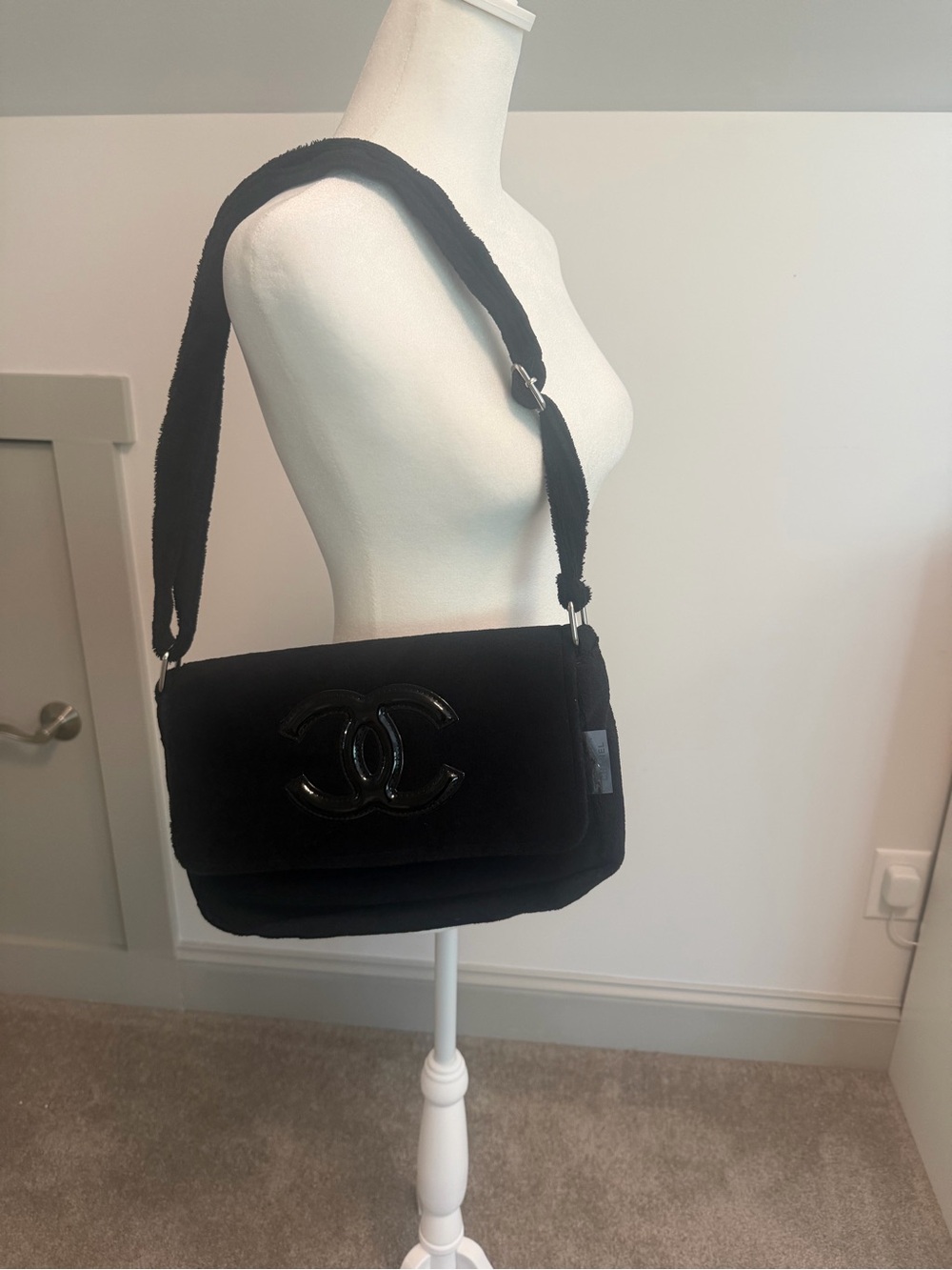 CHANEL Precision VIP GWP Black on Black Plush Terry Cloth Crossbody Bag